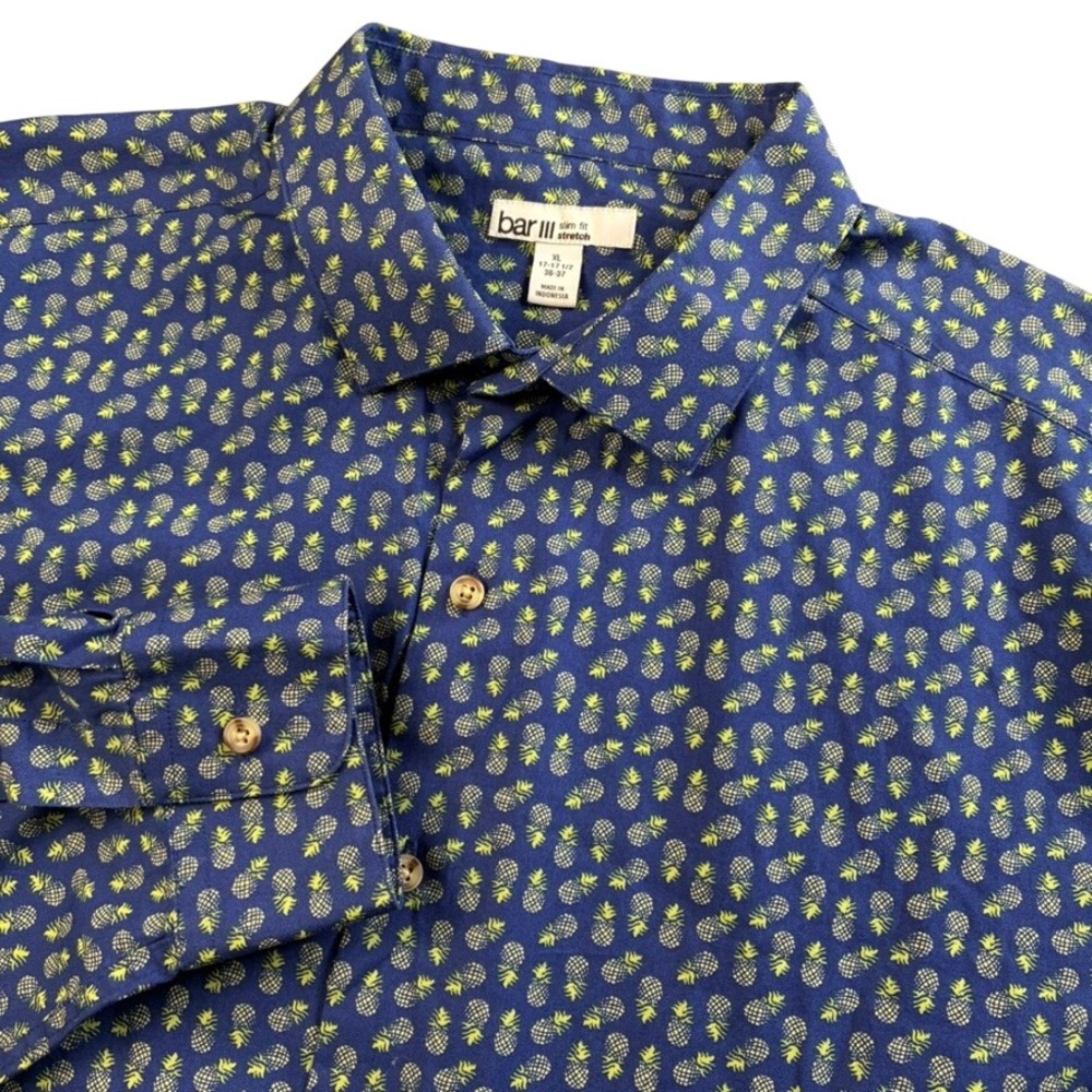 Bar III XL Slim Fit Blue Pineapple Print Cotton Long Sleeve Button Down Shirt‎